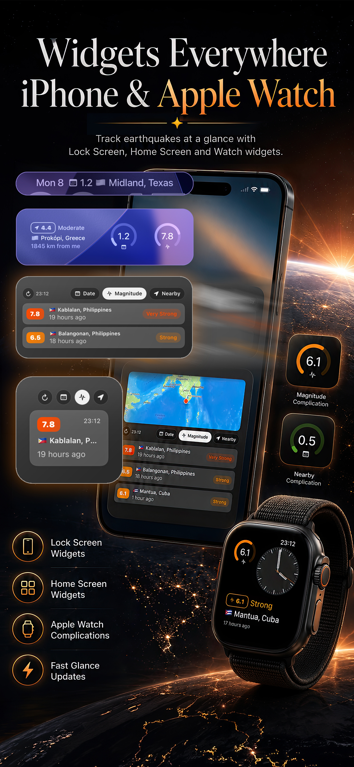 Earthquake HQ widgets for iPhone and Apple Watch